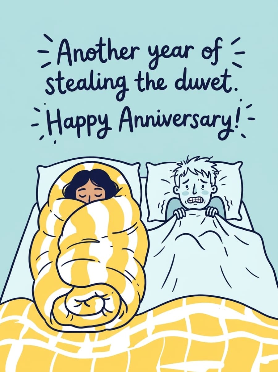 Bed Hog Funny Anniversary Card: Another year of stealing the duvet. Happy Anniversary!