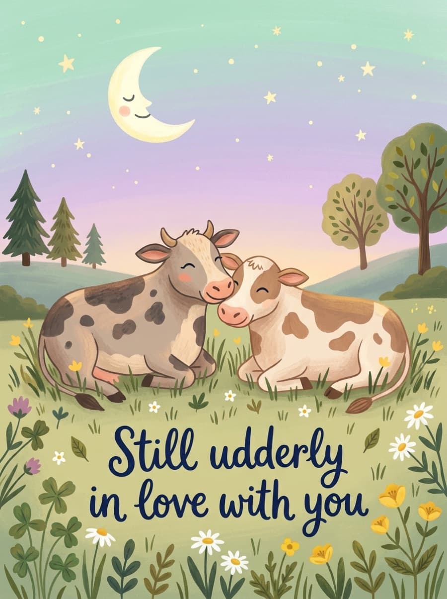 Udderly In Love Two Cows Anniversary Card: Still udderly in love with you