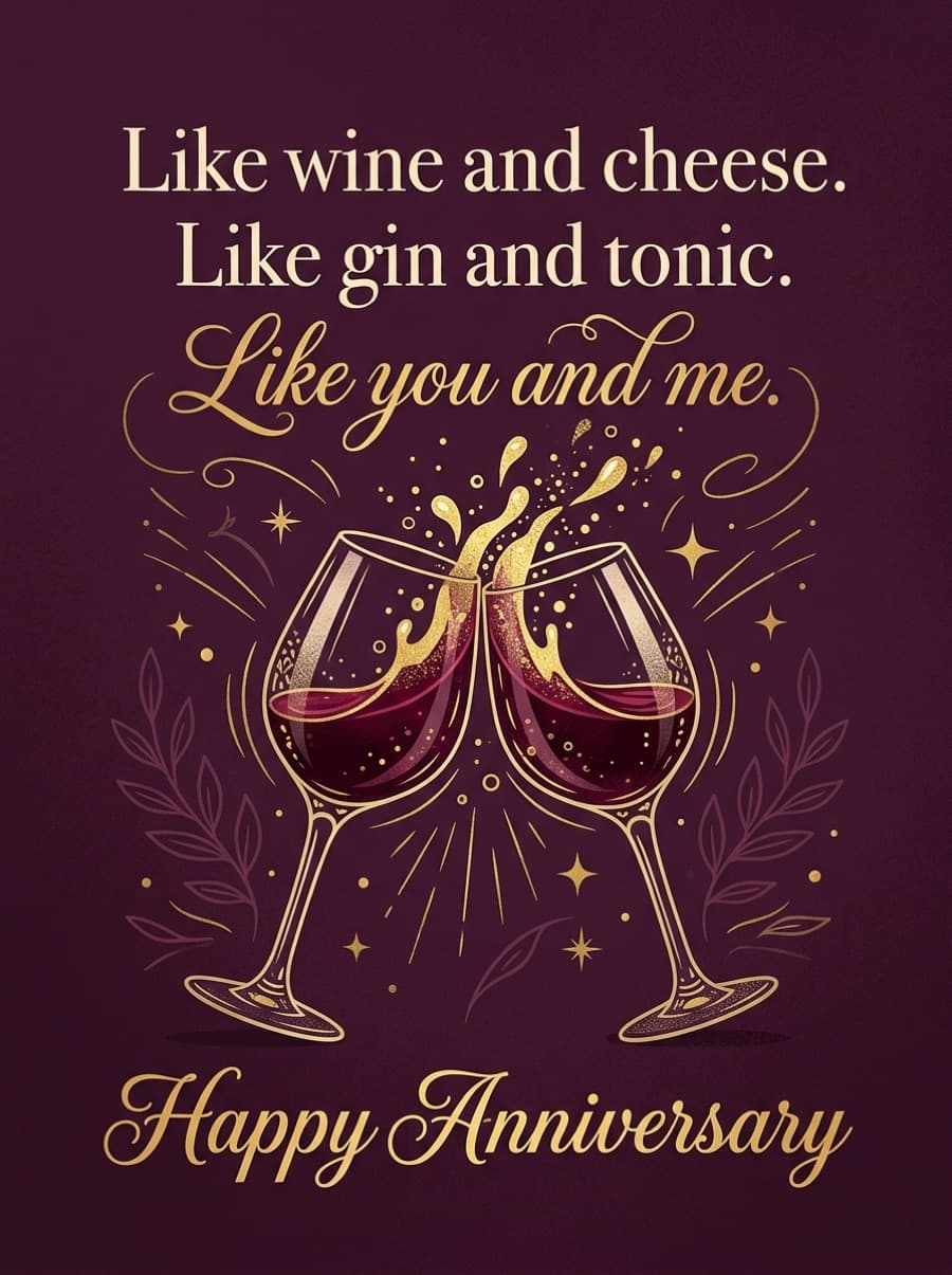 Perfect Pairing Wine Anniversary Card: Like wine and cheese. Like gin and tonic. Like you and me. Happy Anniversary