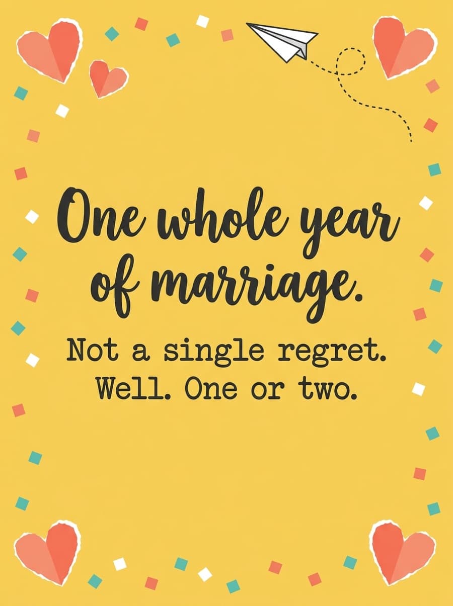 One Whole Year Funny 1st Anniversary Card: One whole year of marriage. Not a single regret. Well. One or two.