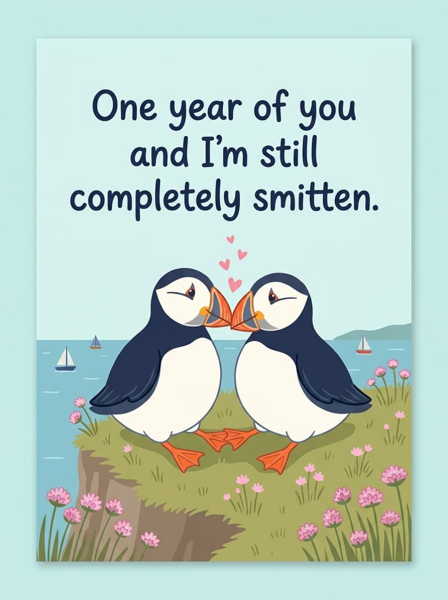 Puffins One Year Of You Cute 1st Anniversary Card: One year of you and I'm still completely smitten.