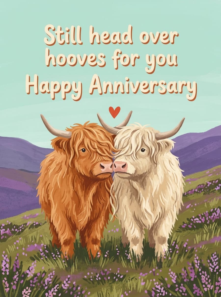 Highland Cows Cute Anniversary Card: Still head over hooves for you Happy Anniversary