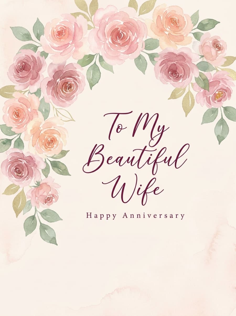 Watercolour Roses Wife Anniversary Card: To My Beautiful Wife Happy Anniversary