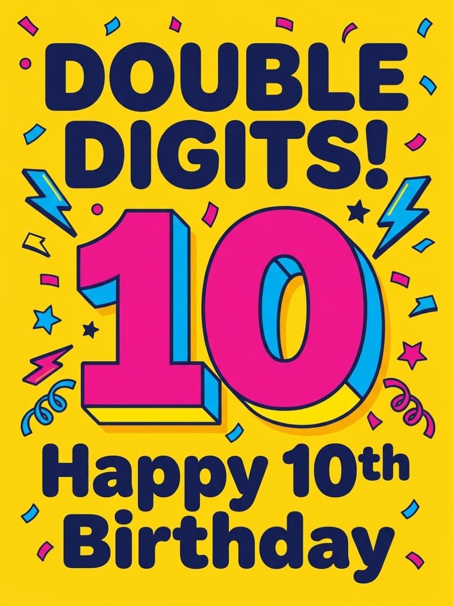 Double Digits Bold 10th Birthday Card: DOUBLE DIGITS! Happy 10th Birthday