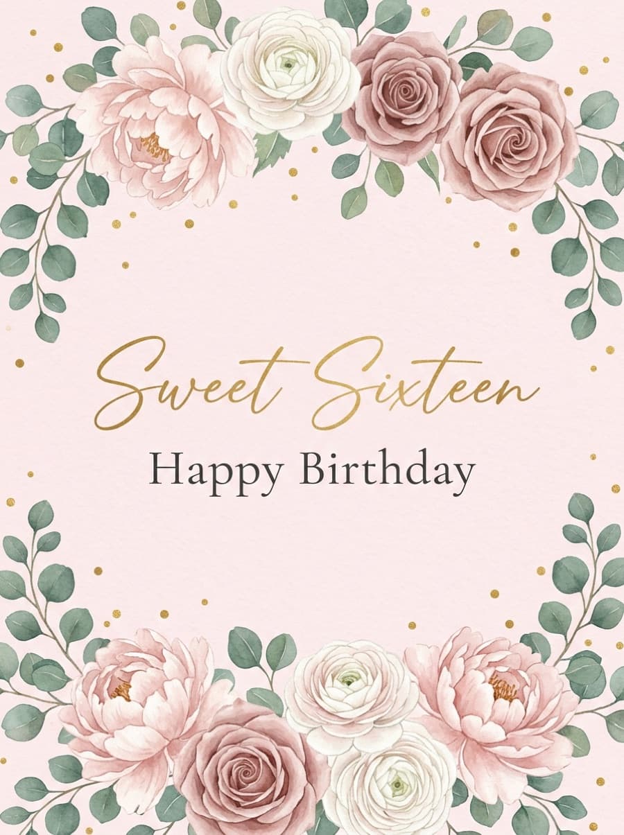 Sweet Sixteen Blush Blooms Birthday Card: Sweet Sixteen Happy Birthday