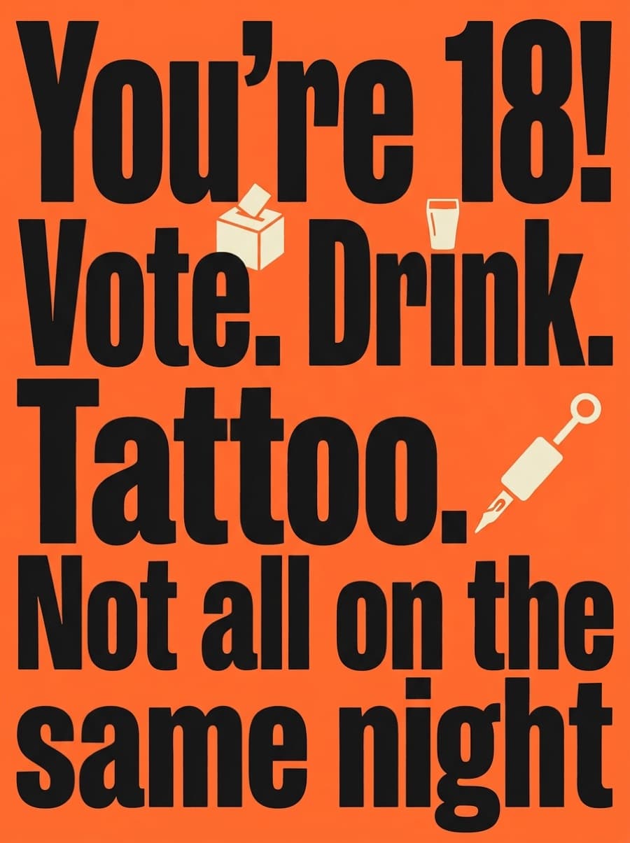 Not All On The Same Night 18th Birthday Card: You're 18! Vote. Drink. Tattoo. Not all on the same night