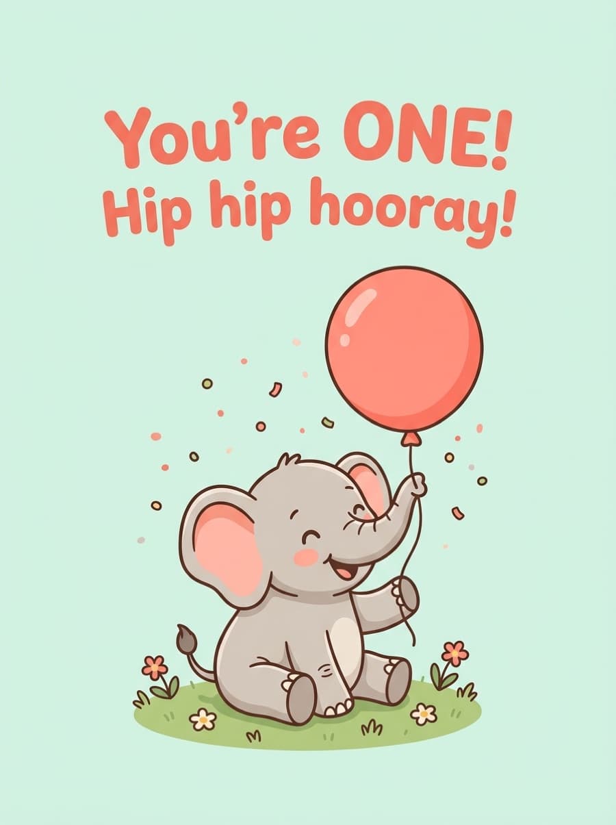 Little Elephant Big Balloon 1st Birthday Card: You're ONE! Hip hip hooray!