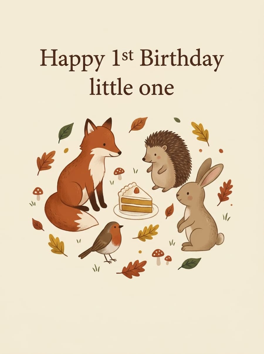 Woodland Friends Happy 1st Birthday Card: Happy 1st Birthday little one