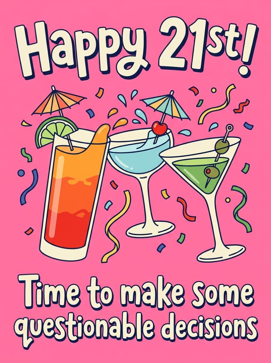 Questionable Decisions Cocktail 21st Birthday Card: Happy 21st! Time to make some questionable decisions