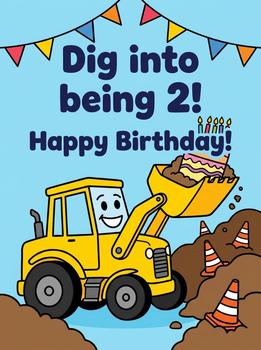 Big Yellow Digger 2nd Birthday Card: Dig into being 2! Happy Birthday!