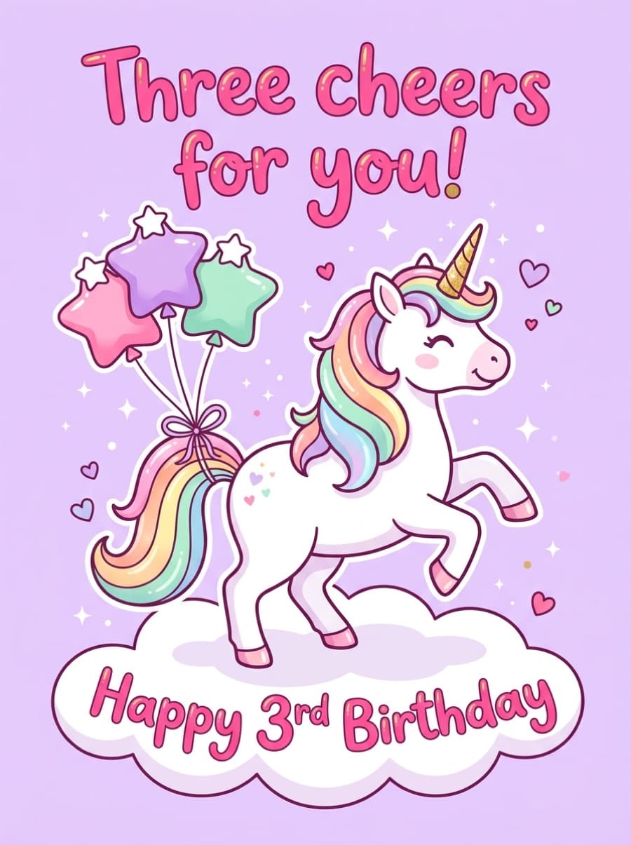 Three Cheers Sparkly Unicorn 3rd Birthday Card: Three cheers for you! Happy 3rd Birthday