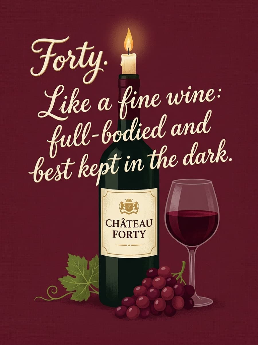 Best Kept In The Dark Fine Wine 40th Birthday Card: Forty. Like a fine wine: full-bodied and best kept in the dark.