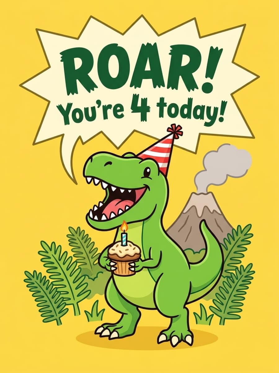 Roarsome T-Rex 4th Birthday Card: ROAR! You're 4 today!