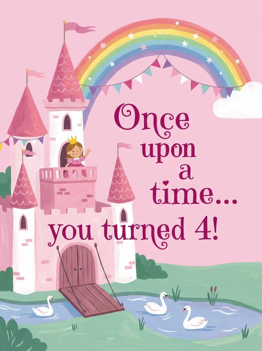 Once Upon A Time Princess Castle 4th Birthday Card: Once upon a time... you turned 4!