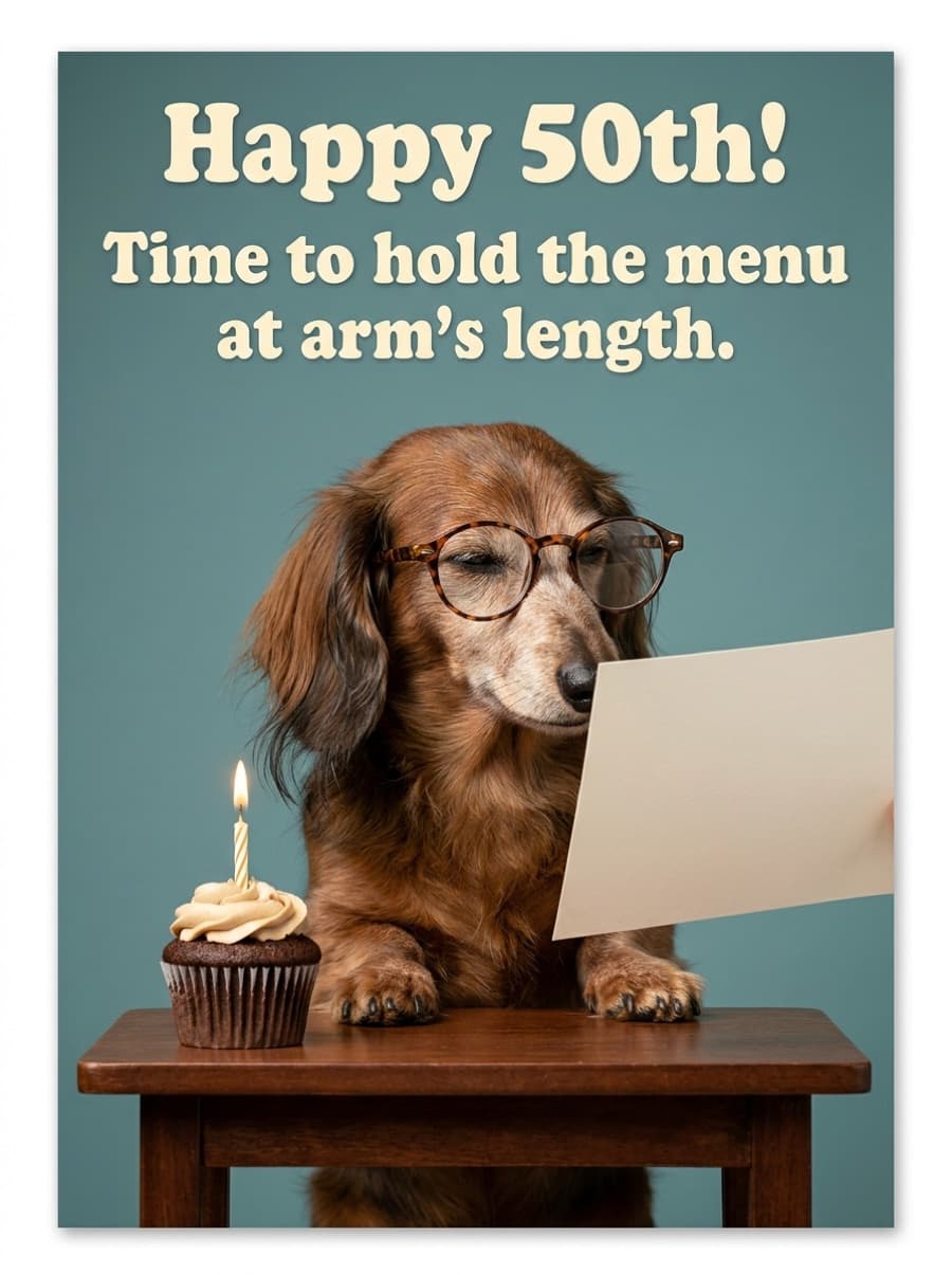 Menu At Arm's Length Sausage Dog 50th Birthday Card: Happy 50th! Time to hold the menu at arm's length.