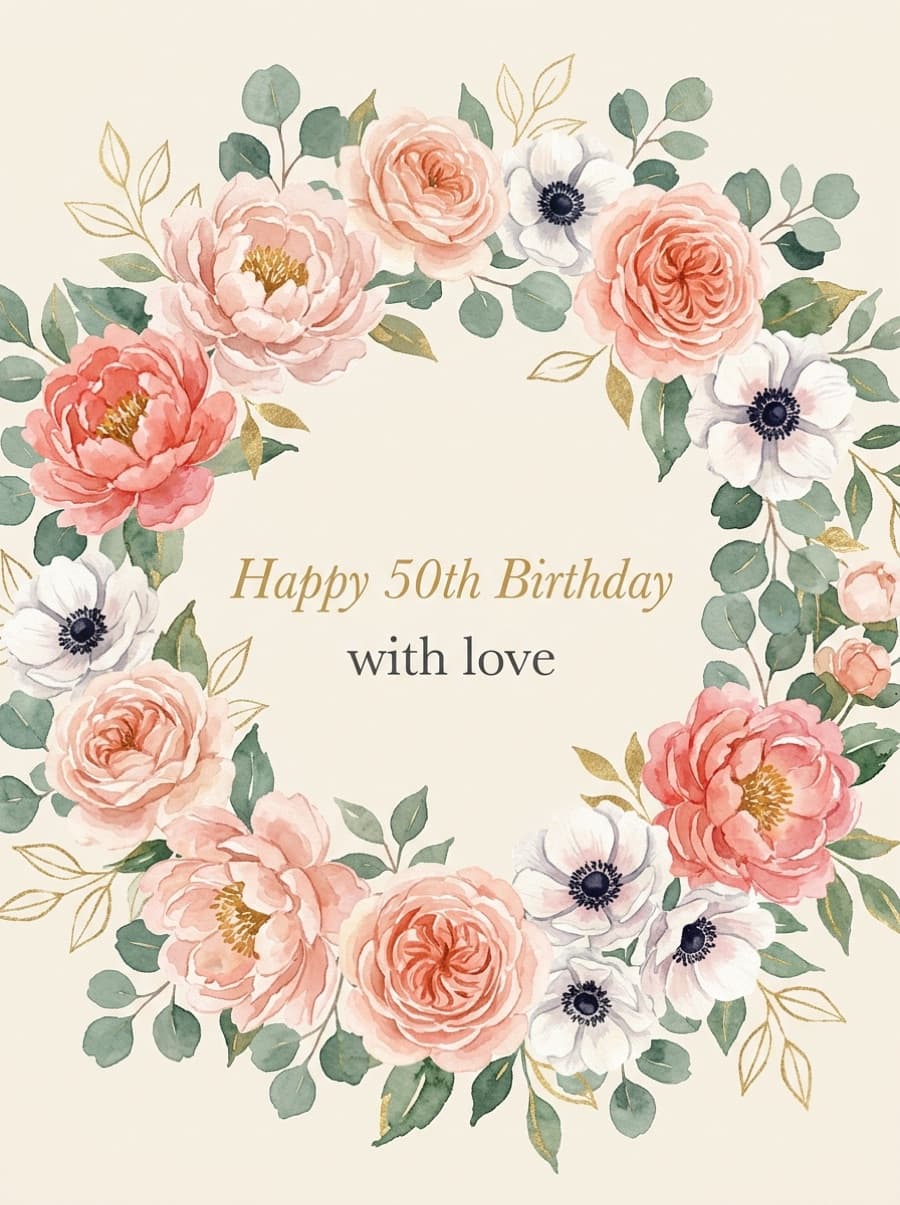 Peony Wreath With Love 50th Birthday Card: Happy 50th Birthday with love