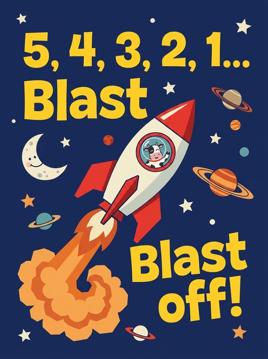 Blast Off Space Rocket 5th Birthday Card: 5, 4, 3, 2, 1... Blast off!