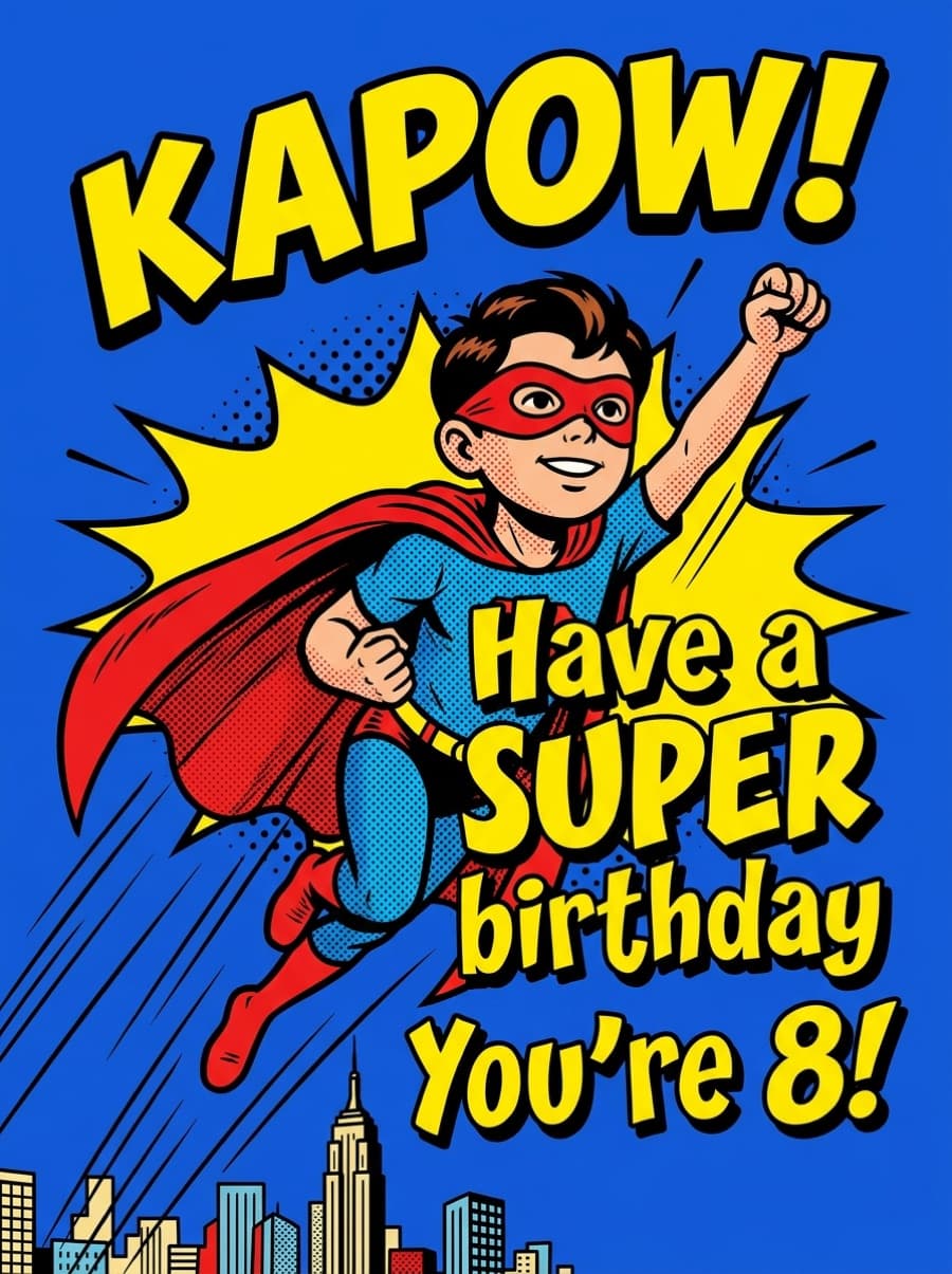 Super Kid Comic Hero 8th Birthday Card: KAPOW! Have a SUPER birthday You're 8!