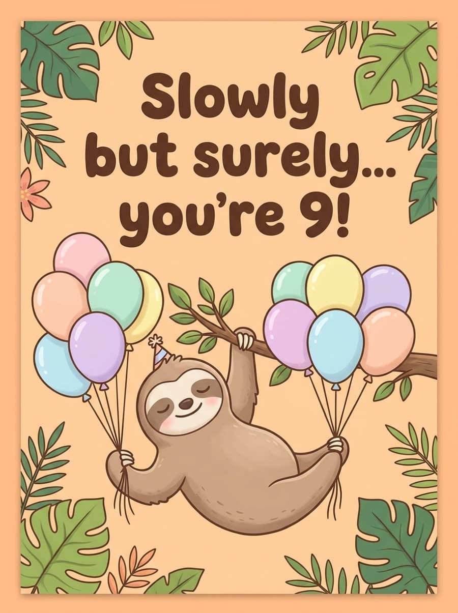 Slowly But Surely Sloth 9th Birthday Card: Slowly but surely... you're 9!