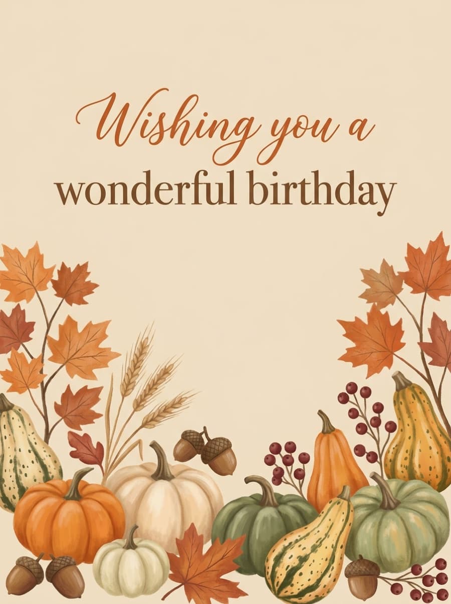 Autumn Pumpkins And Golden Leaves Birthday Card: Wishing you a wonderful birthday