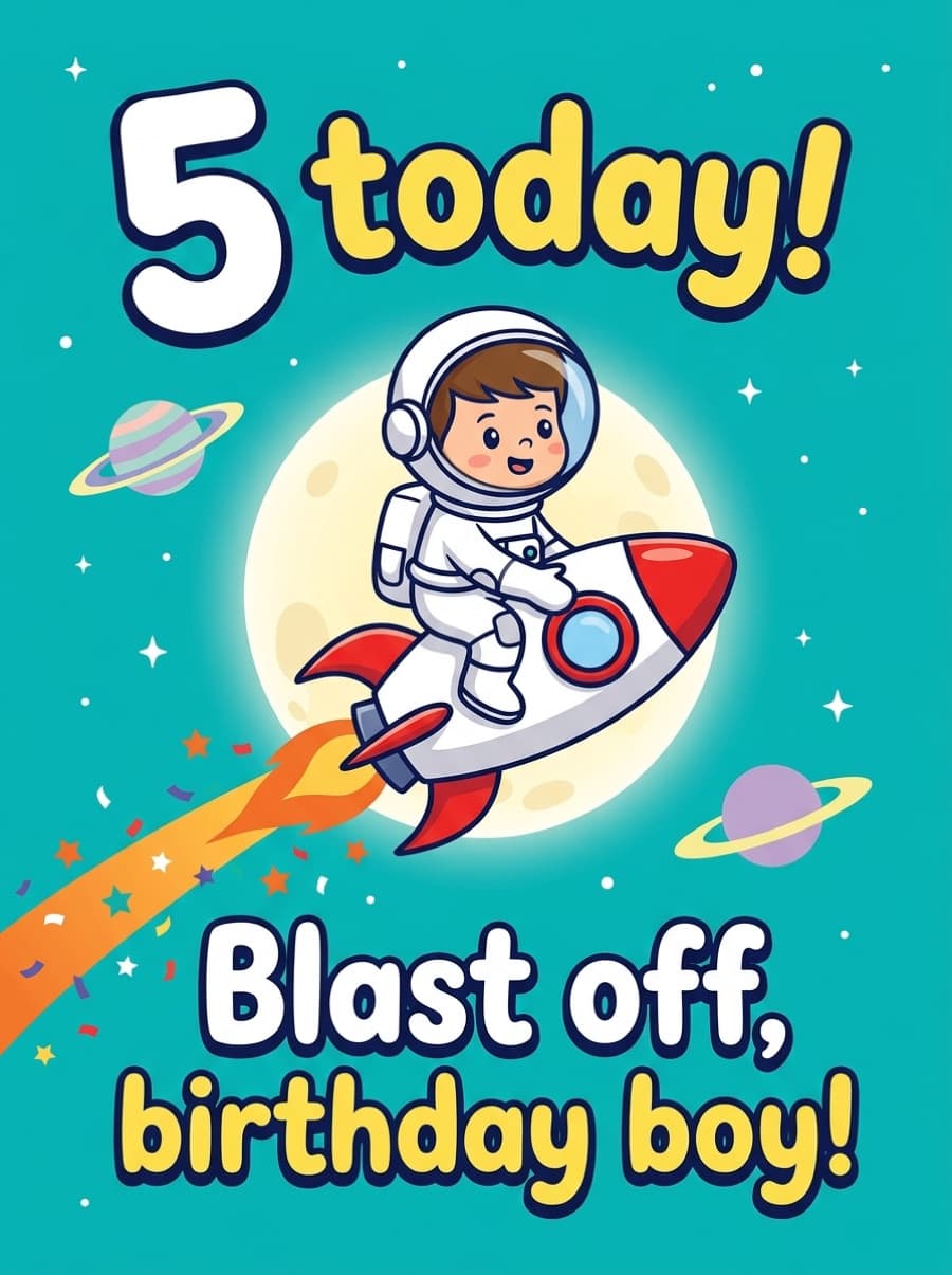 Blast Off You're 5 Astronaut Birthday Card: 5 today! Blast off, birthday boy!