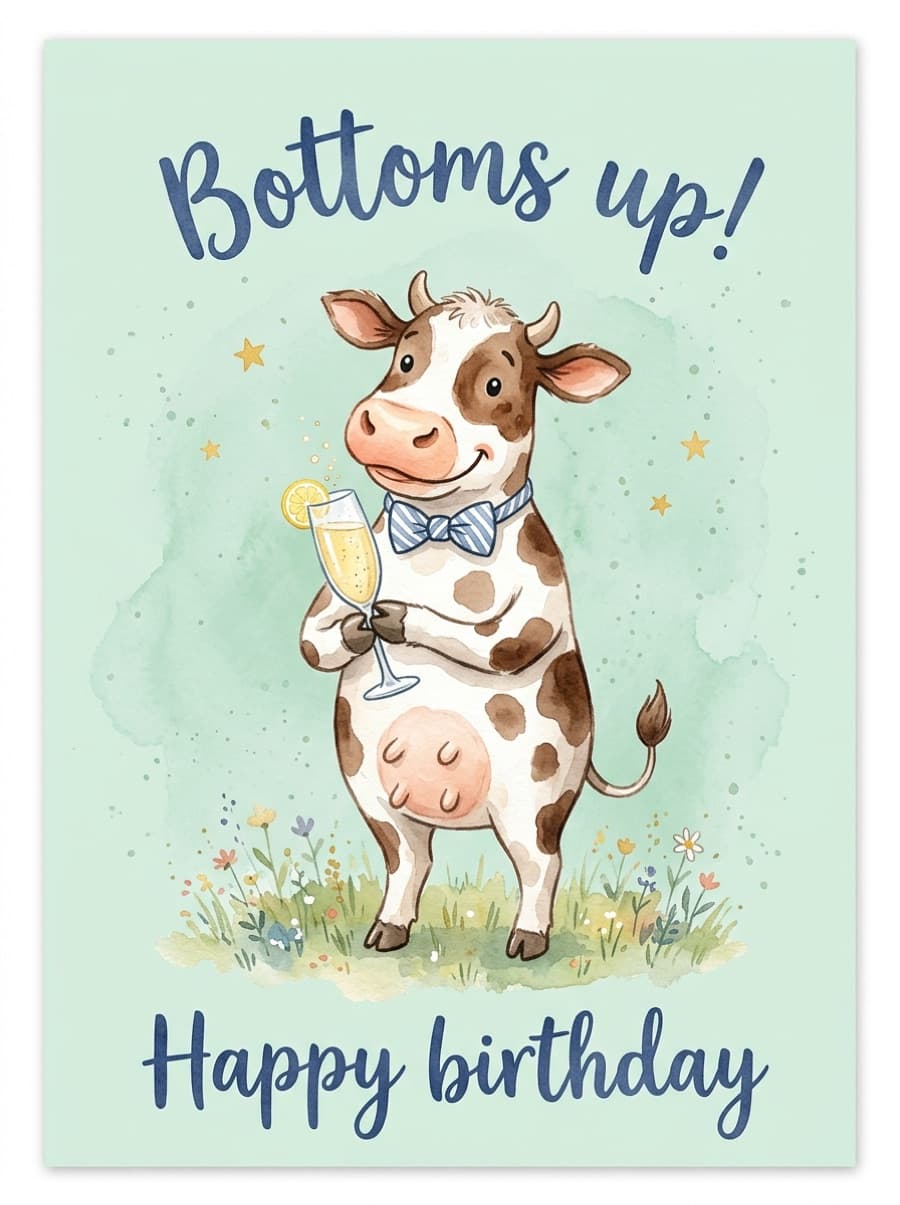 Bottoms Up Illustrated Cow Birthday Card: Bottoms up! Happy birthday