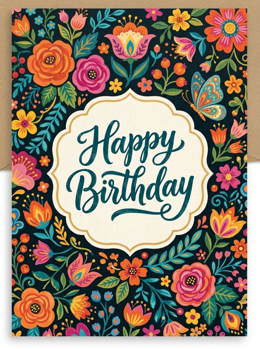 Bright Flowers And Butterfly Happy Birthday Card: Happy Birthday