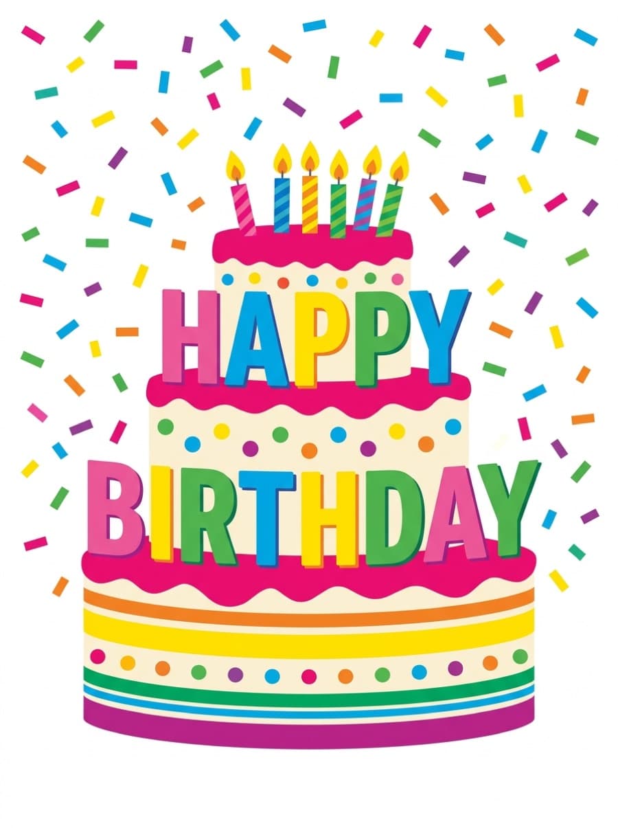 Happy Birthday Colourful Cake Illustration Card: HAPPY BIRTHDAY