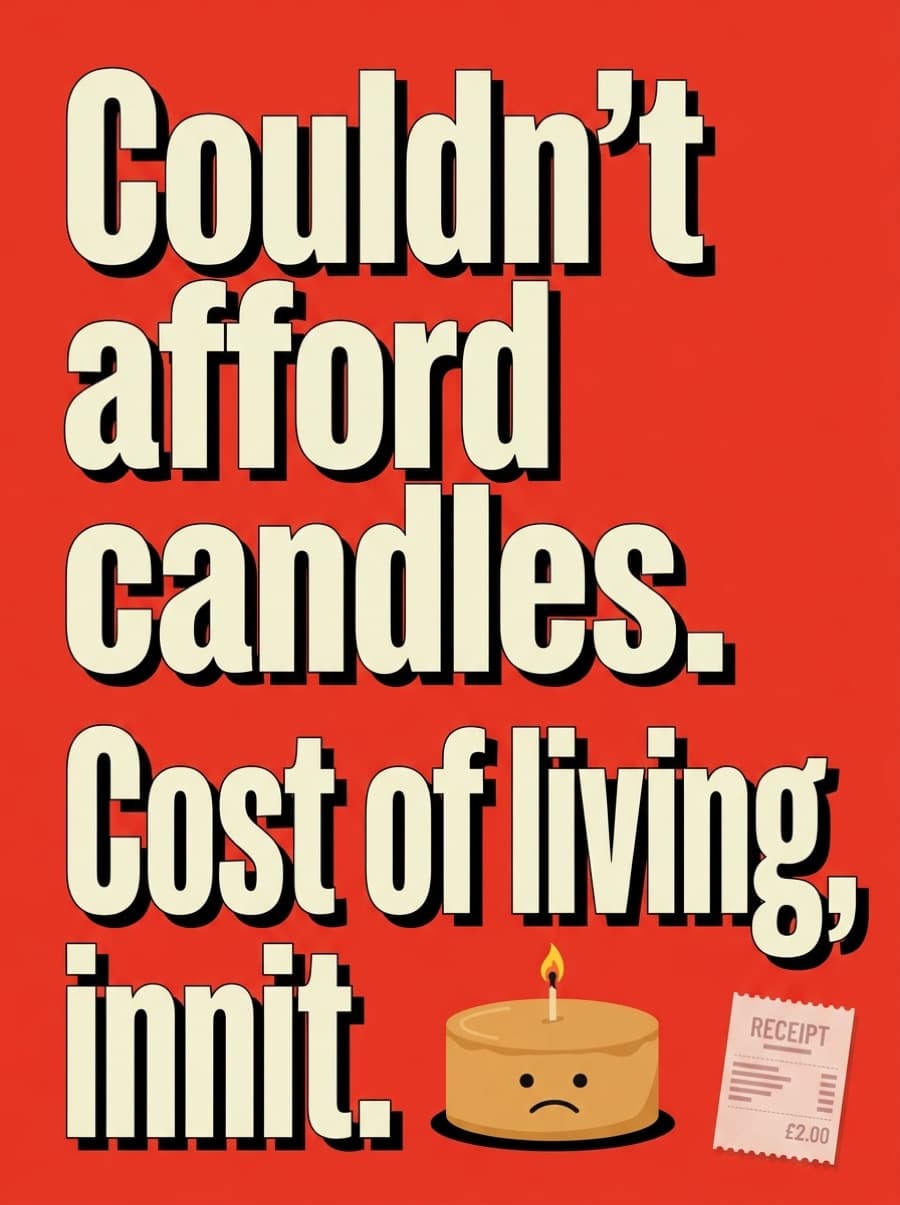 Couldn't Afford Candles Cost Of Living Birthday Card: Couldn't afford candles. Cost of living, innit.