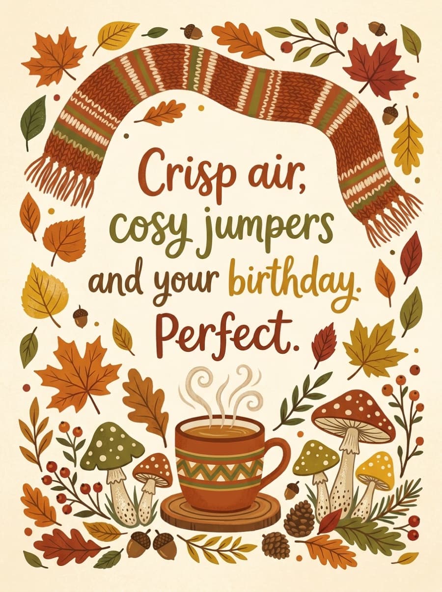 Crisp Air Cosy Jumpers Cake Birthday Card: Crisp air, cosy jumpers and your birthday. Perfect.