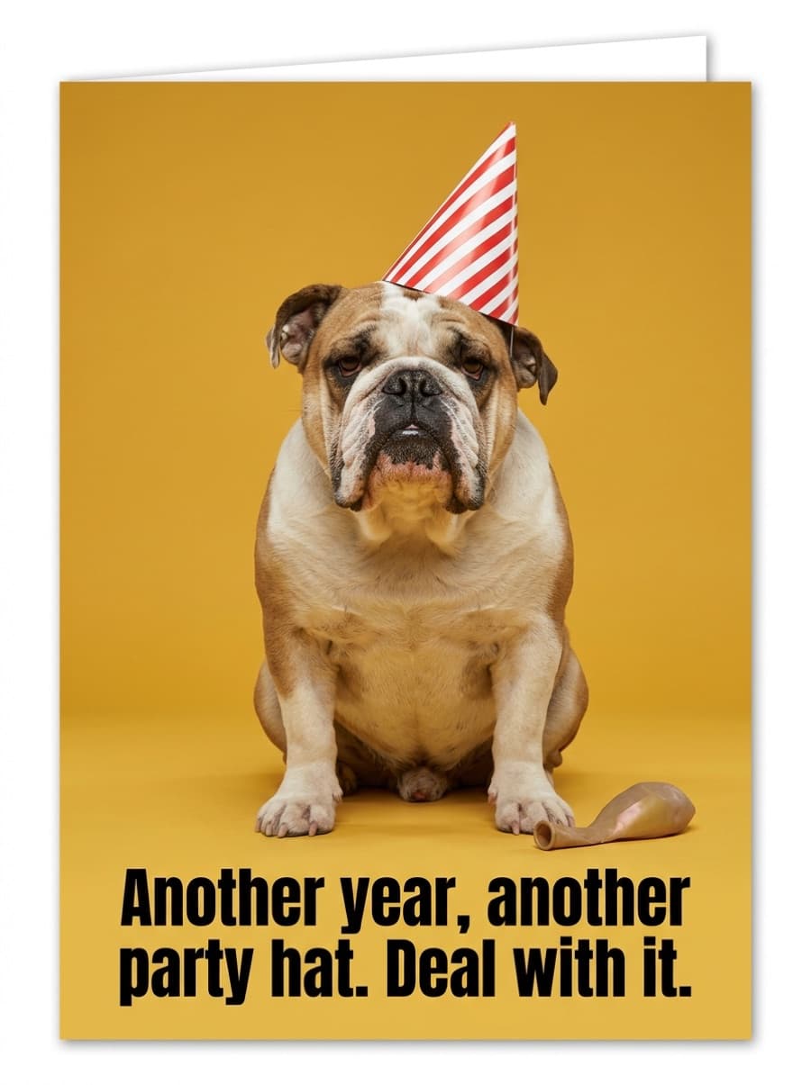 Deal With It Grumpy Bulldog Birthday Card: Another year, another party hat. Deal with it.