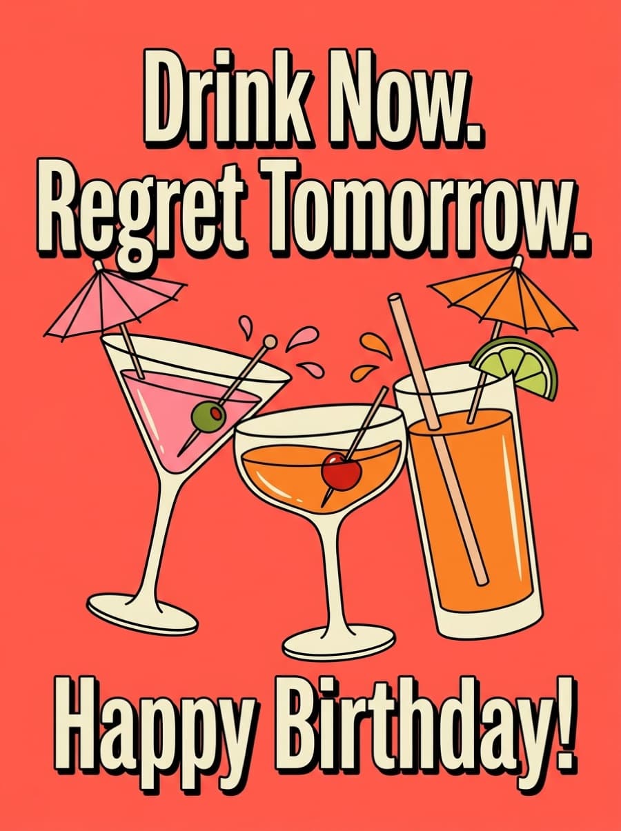Drink Now Regret Tomorrow Cocktails Birthday Card: Drink Now. Regret Tomorrow. Happy Birthday!