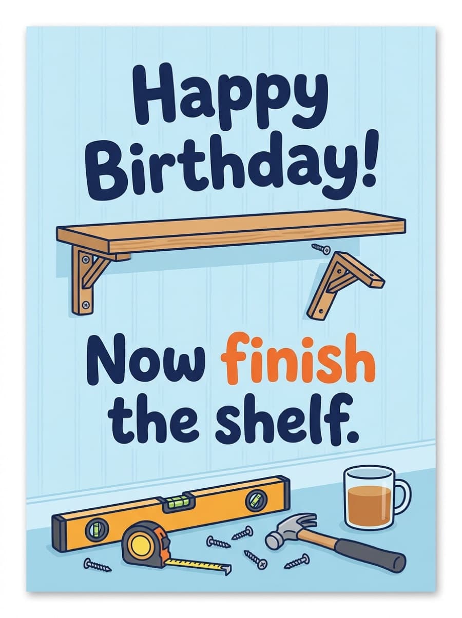 Now Finish The Shelf DIY Birthday Card: Happy Birthday! Now finish the shelf.