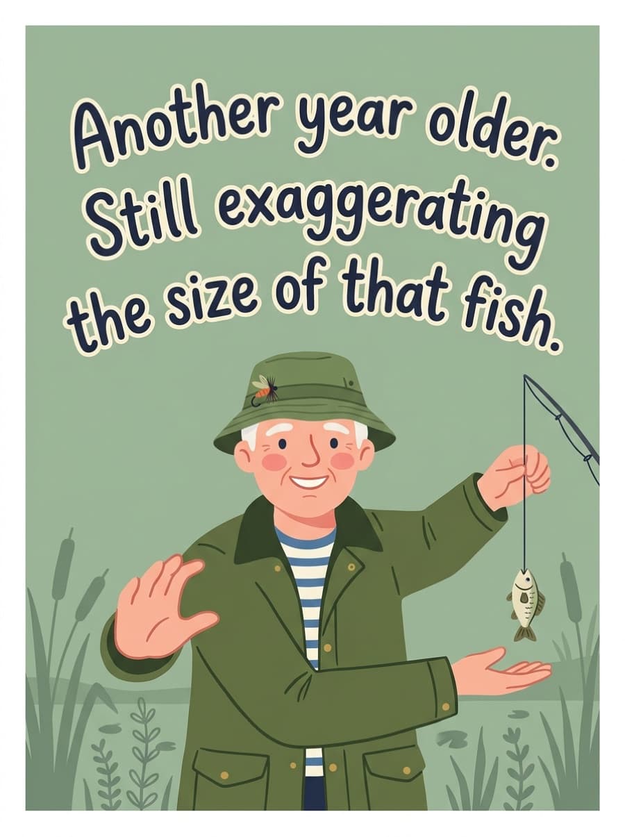 Still Exaggerating That Fish Birthday Card: Another year older. Still exaggerating the size of that fish.