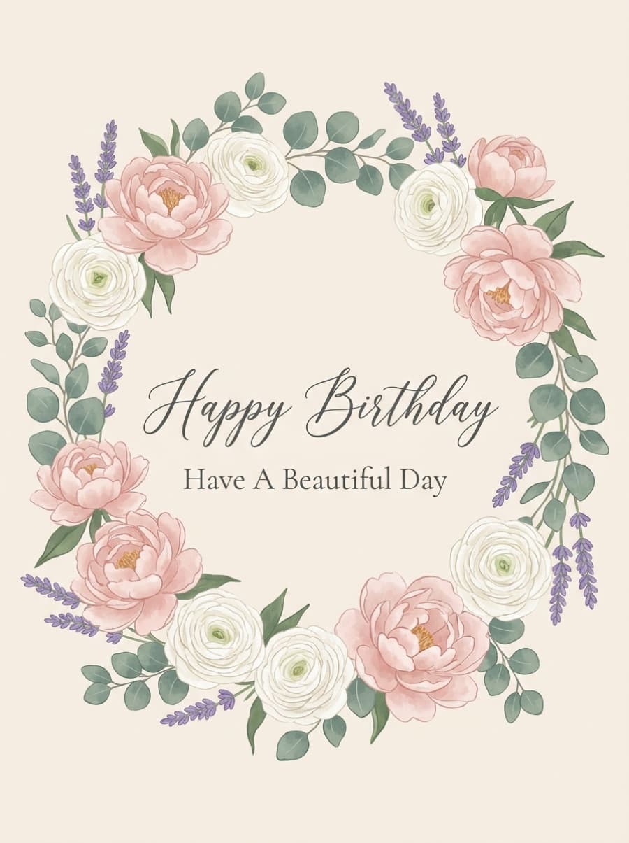 Floral Wreath Have A Beautiful Day Birthday Card: Happy Birthday Have A Beautiful Day