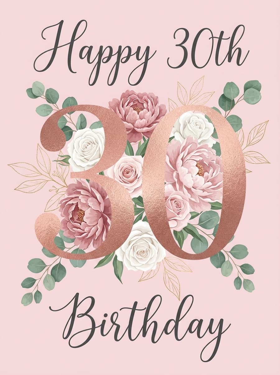 Happy 30th Blush Peonies Birthday Card: Happy 30th Birthday