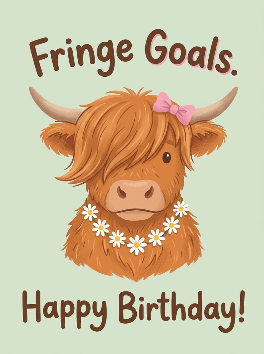Fringe Goals Highland Cow Birthday Card: Fringe Goals. Happy Birthday!
