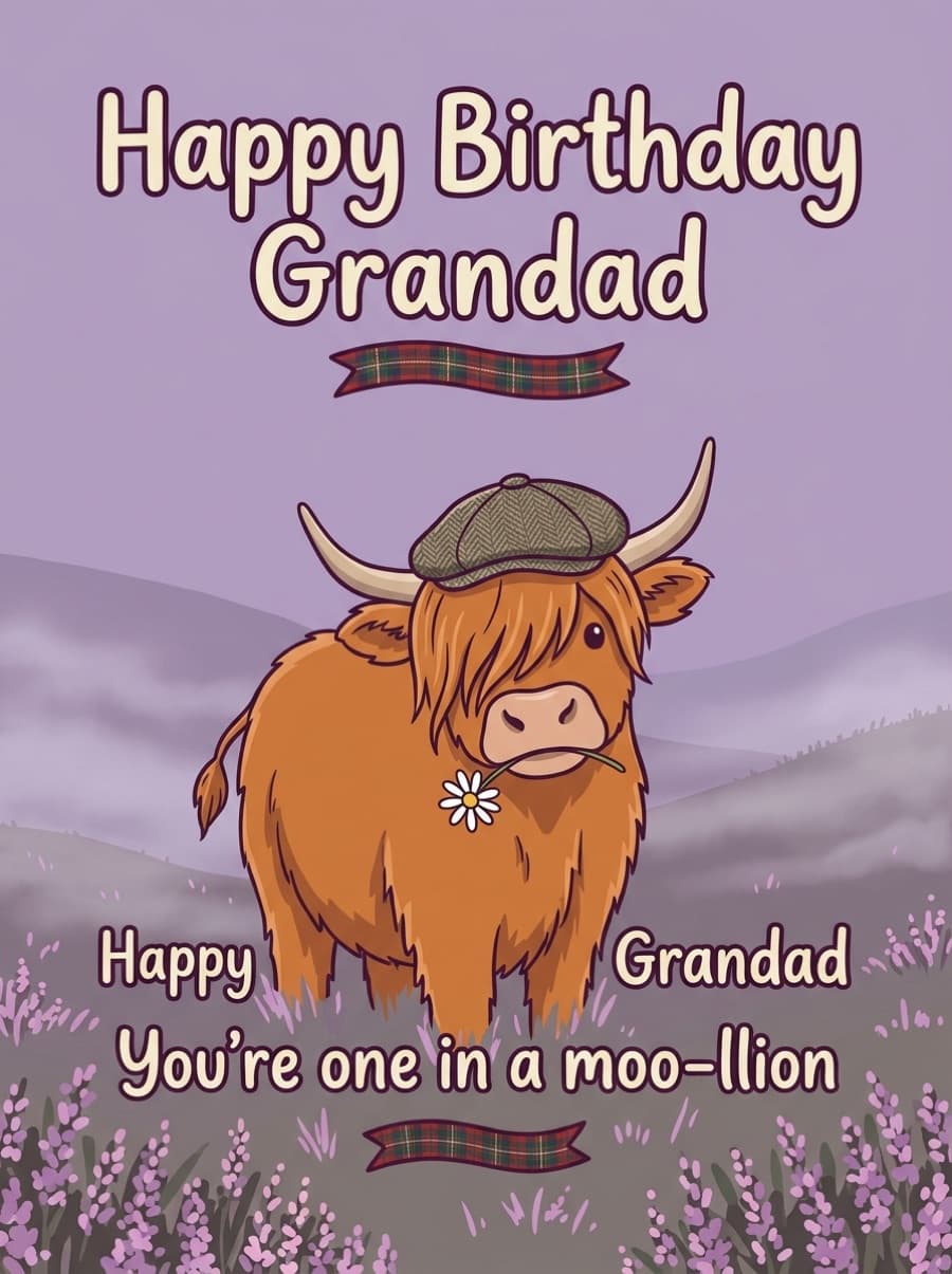 One In A Moo-llion Highland Cow Grandad Birthday Card: Happy Birthday Grandad You're one in a moo-llion