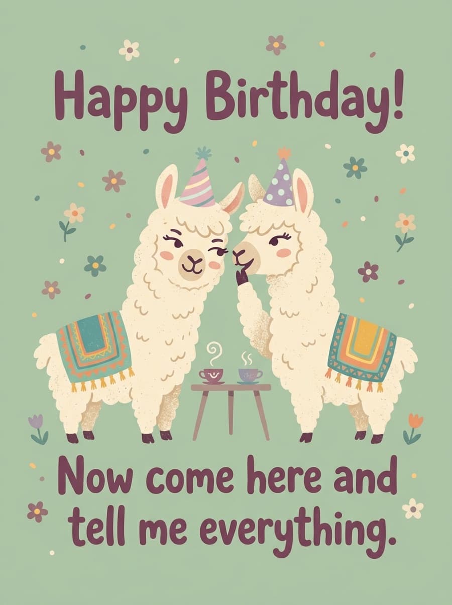 Tell Me Everything Gossip Llamas Birthday Card: Happy Birthday! Now come here and tell me everything.