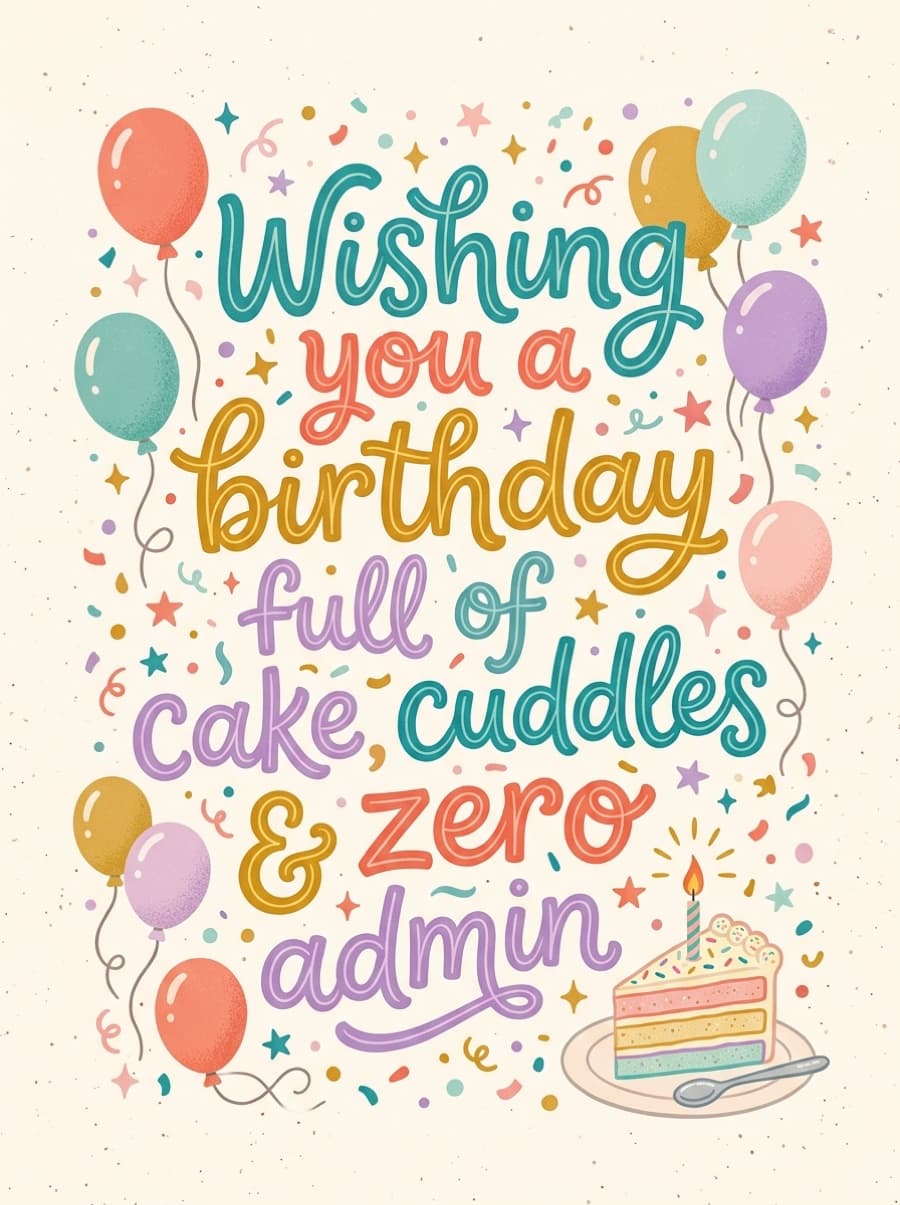 Cake Cuddles And Zero Admin Hand Lettered Birthday Card: Wishing you a birthday full of cake, cuddles & zero admin
