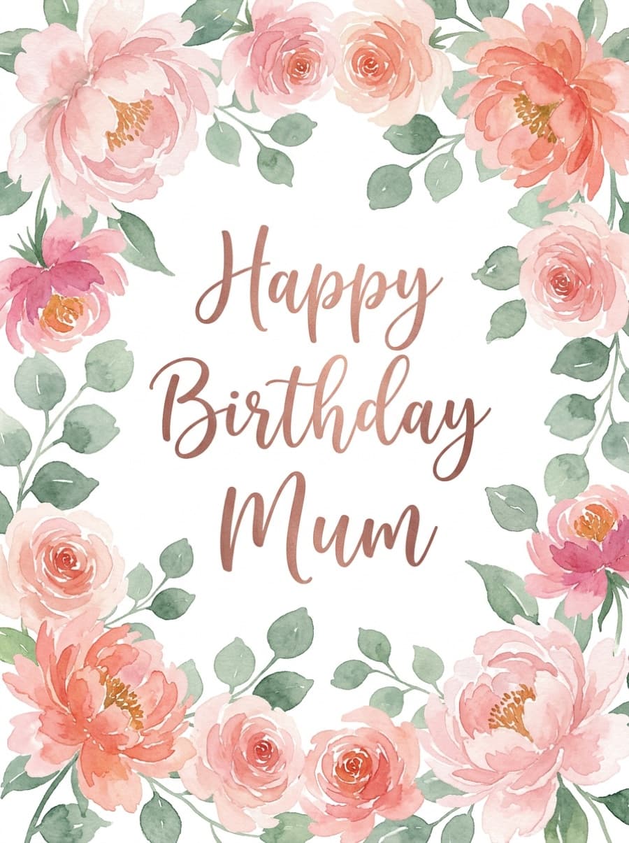 Happy Birthday Mum Watercolour Flowers Card: Happy Birthday Mum