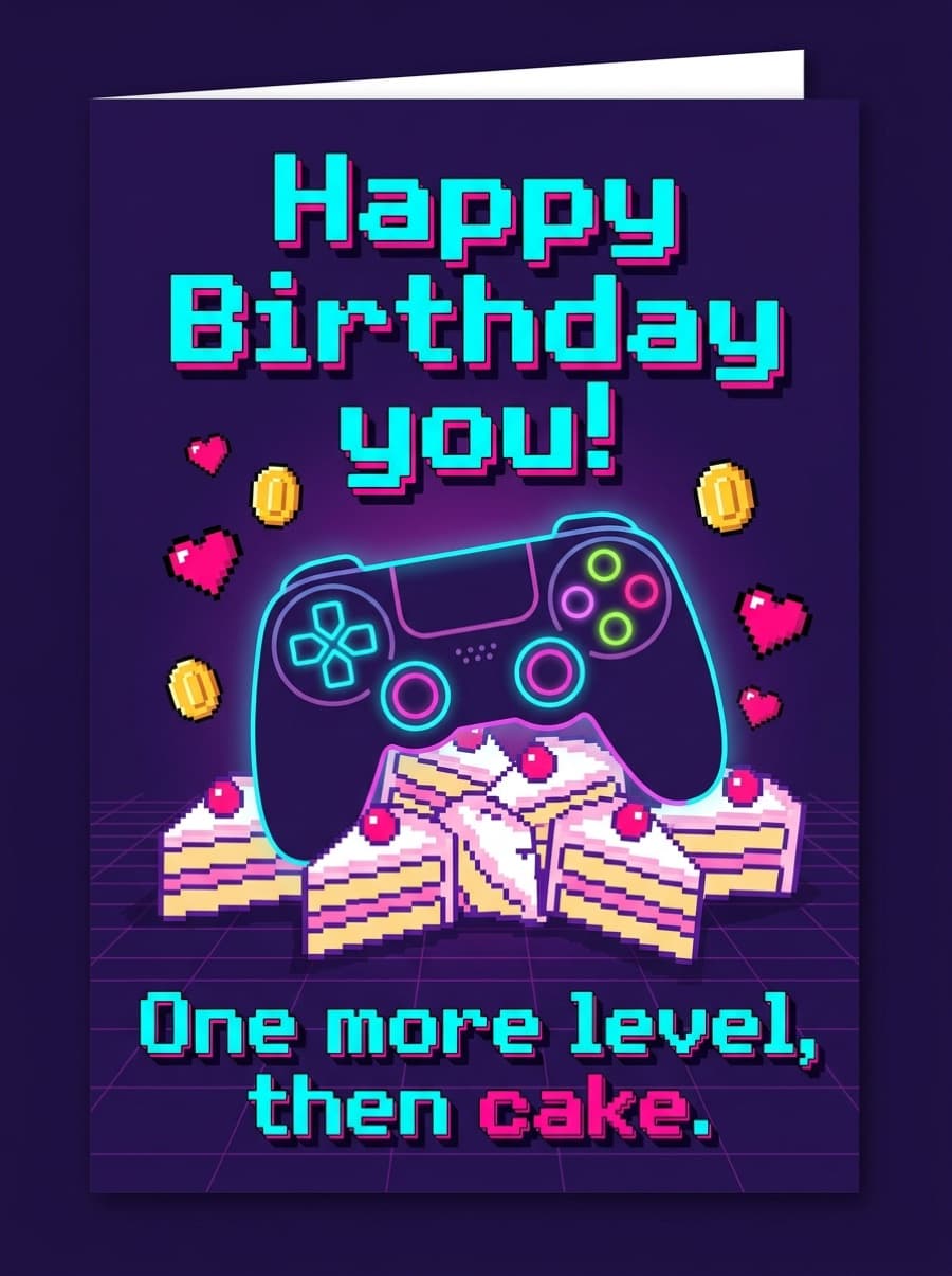 One More Level Gamer Birthday Card: Happy Birthday you! One more level, then cake.