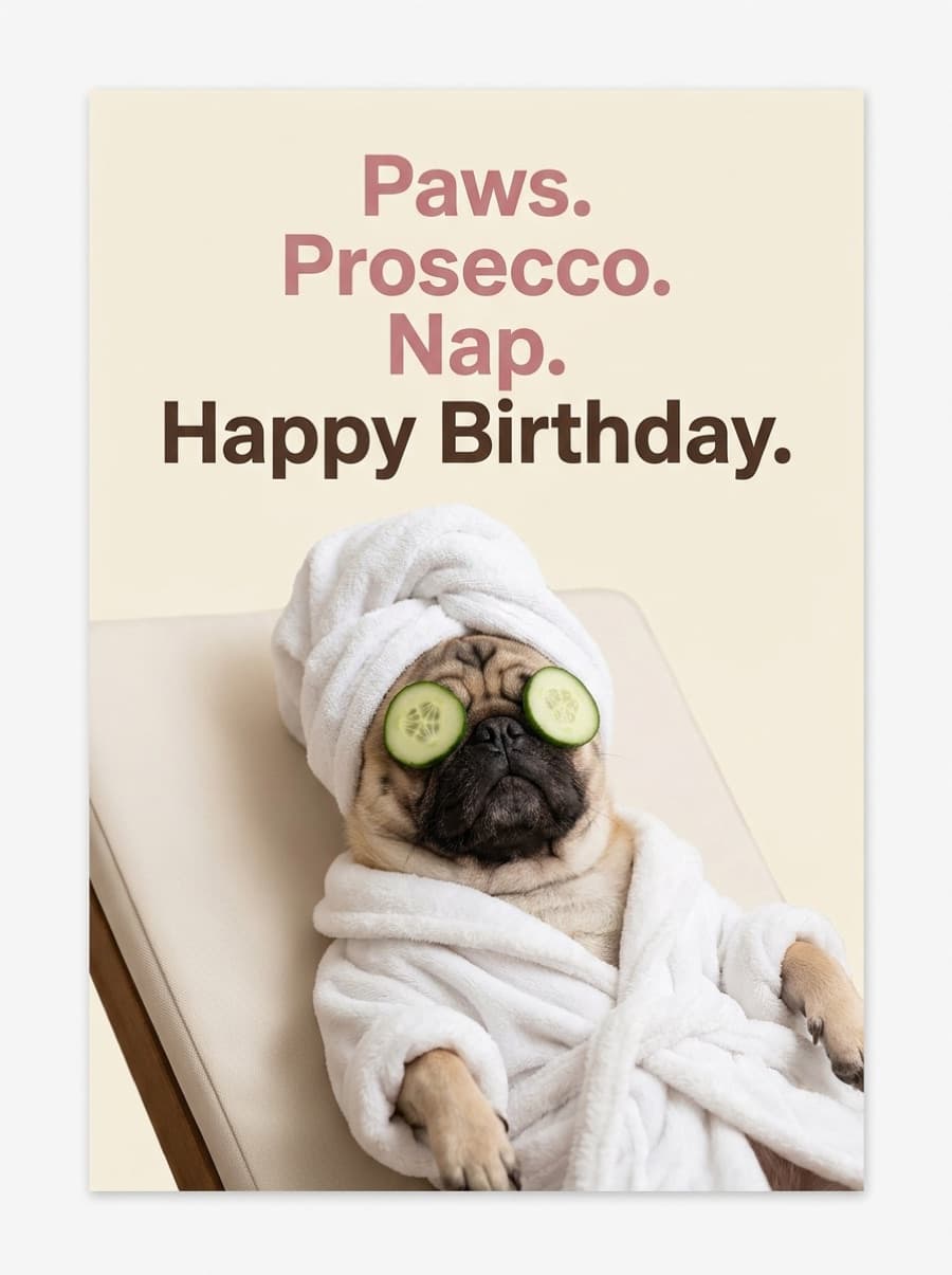 Paws Prosecco Nap Funny Spa Pug Birthday Card: Paws. Prosecco. Nap. Happy Birthday.