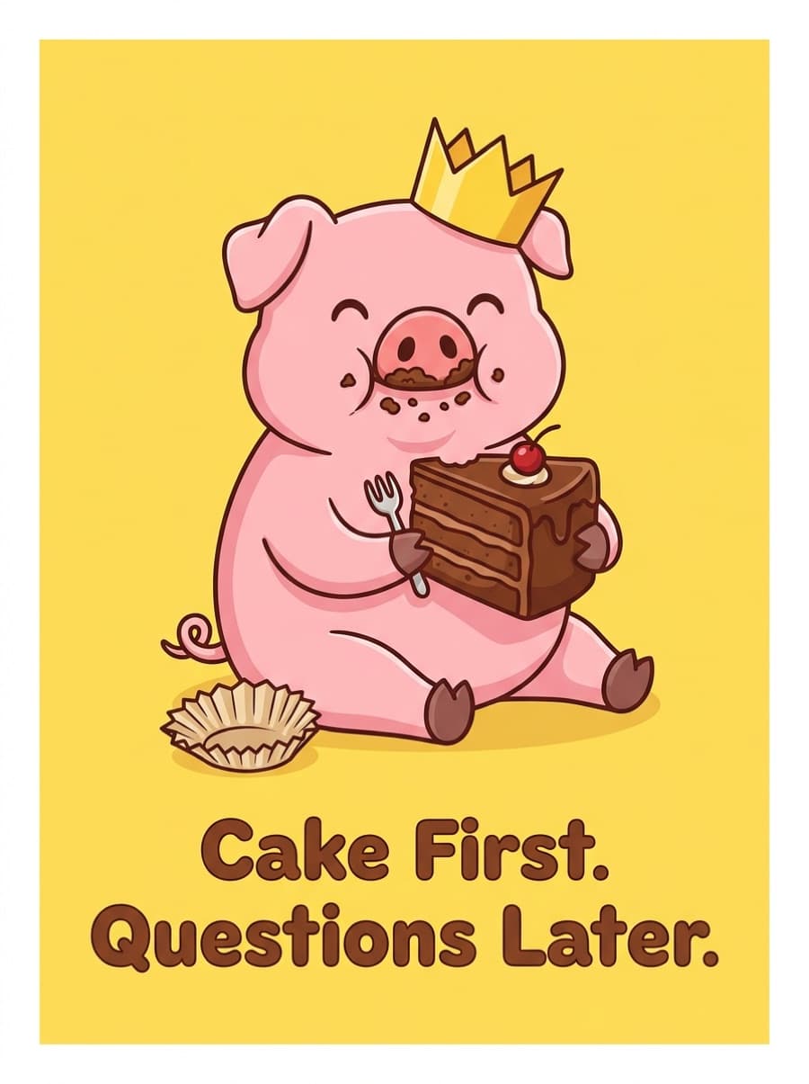 Cake First Questions Later Pig Birthday Card: Cake First. Questions Later.