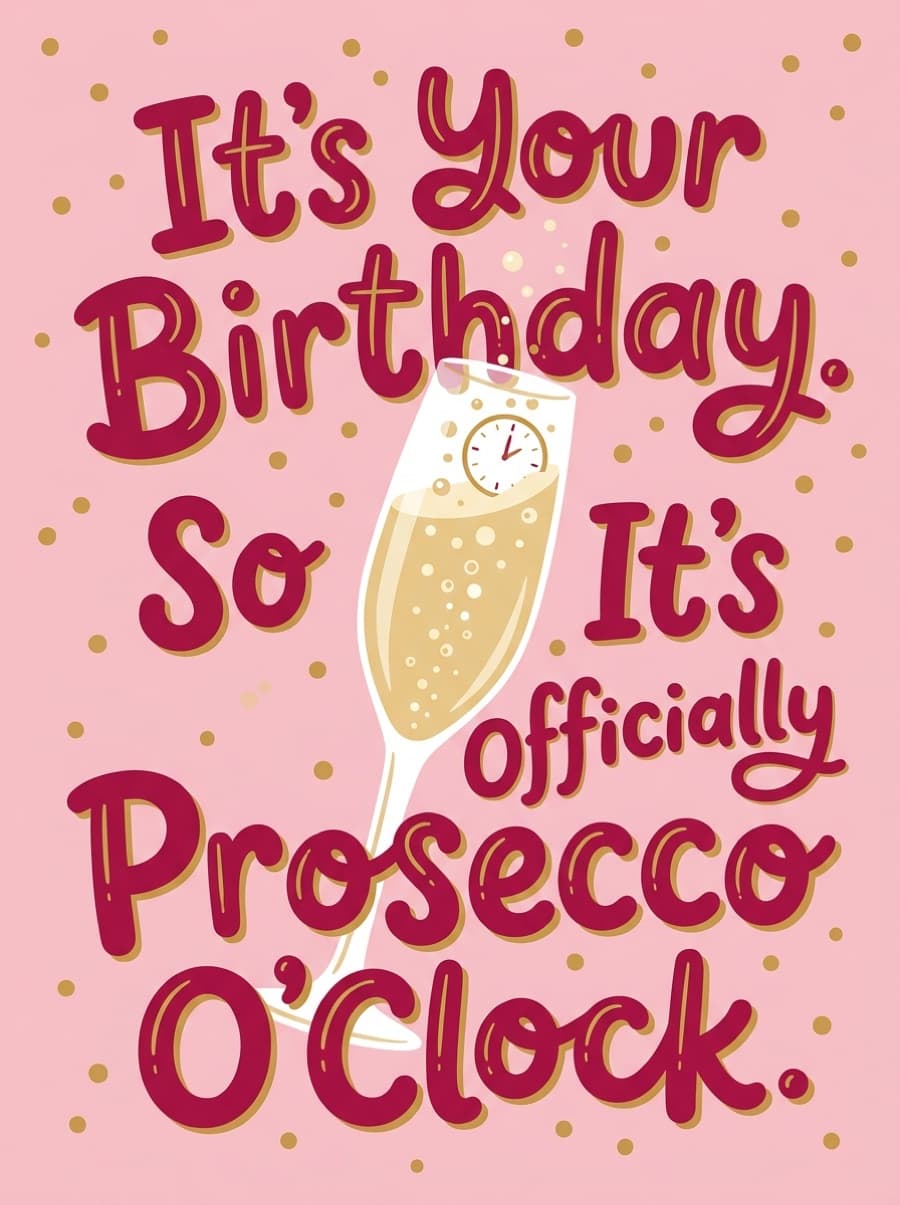 Prosecco O'Clock Fizz Birthday Card: It's Your Birthday. So It's Officially Prosecco O'Clock.