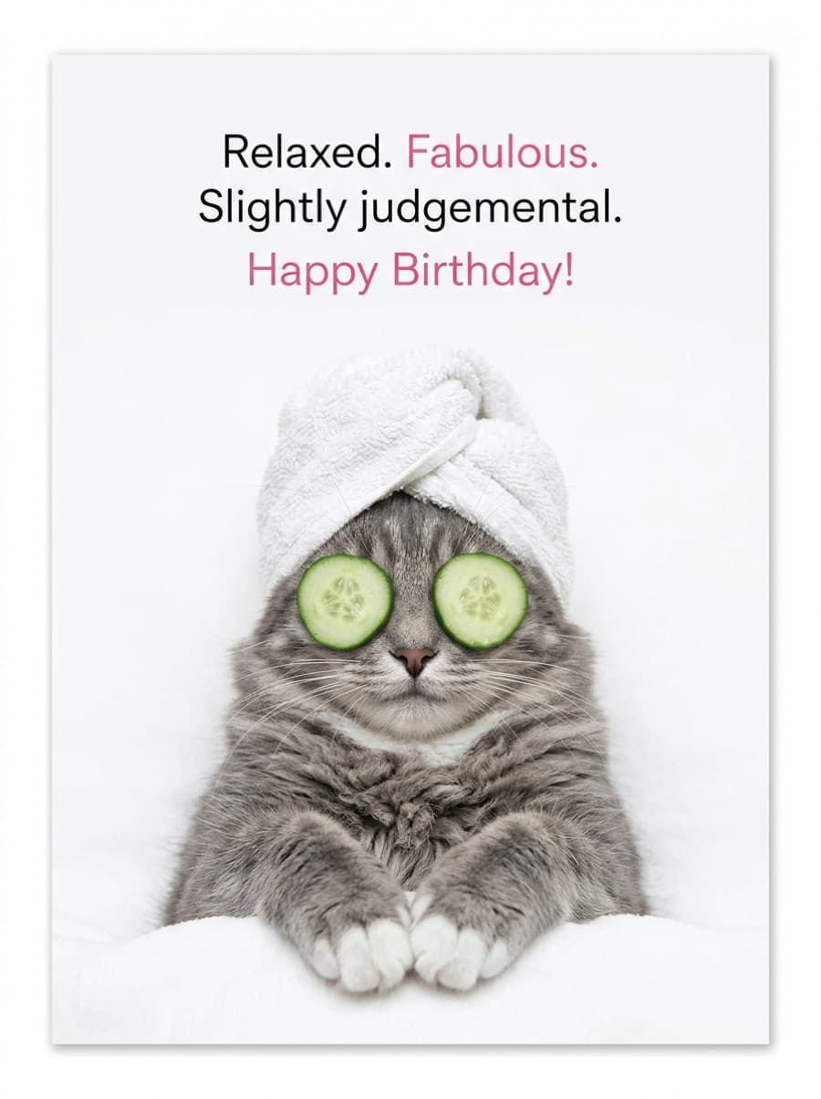 Relaxed Fabulous Slightly Judgemental Spa Cat Birthday Card: Relaxed. Fabulous. Slightly judgemental. Happy Birthday!