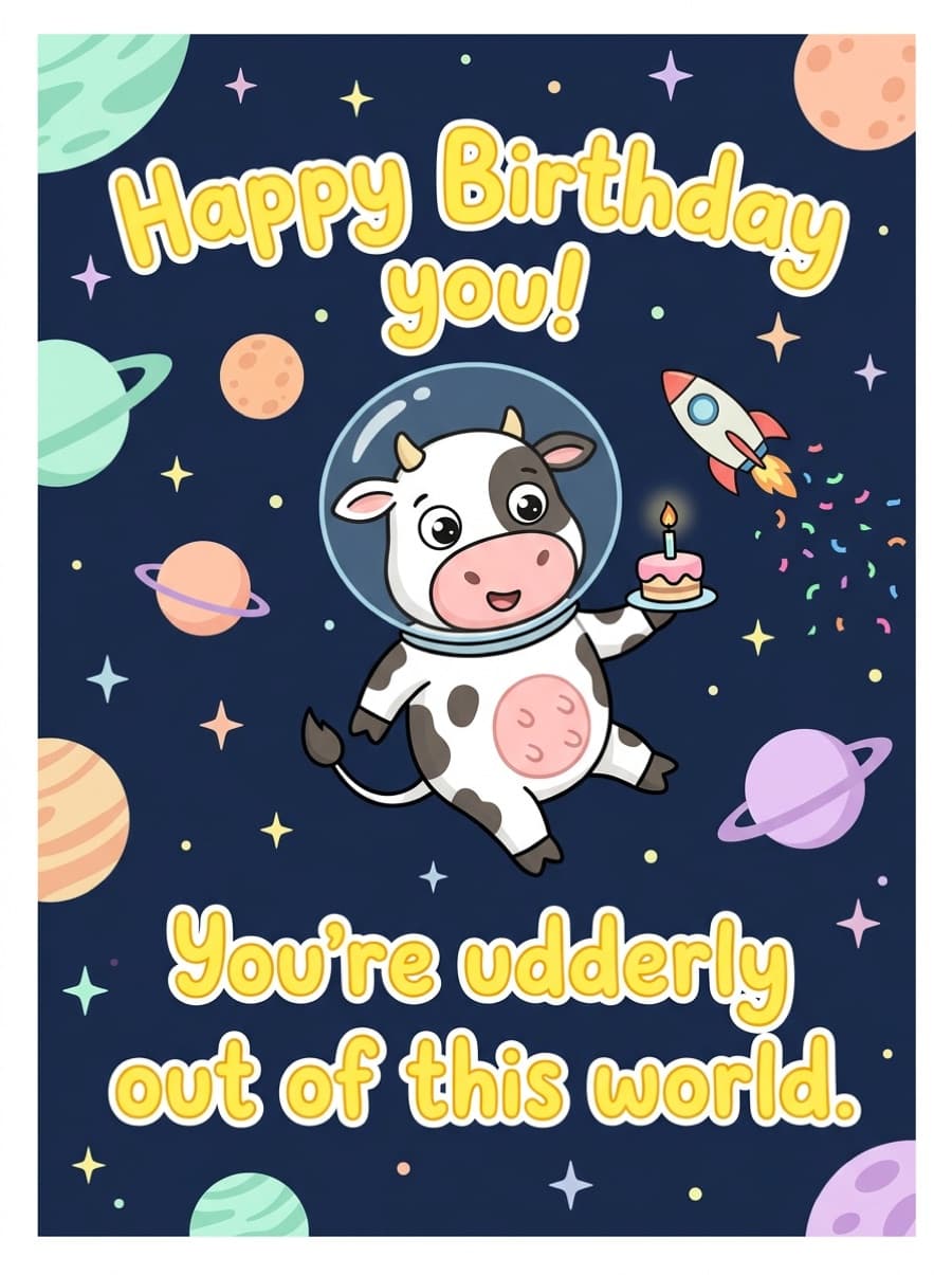 Udderly Out Of This World Space Cow Birthday Card: Happy Birthday you! You're udderly out of this world.