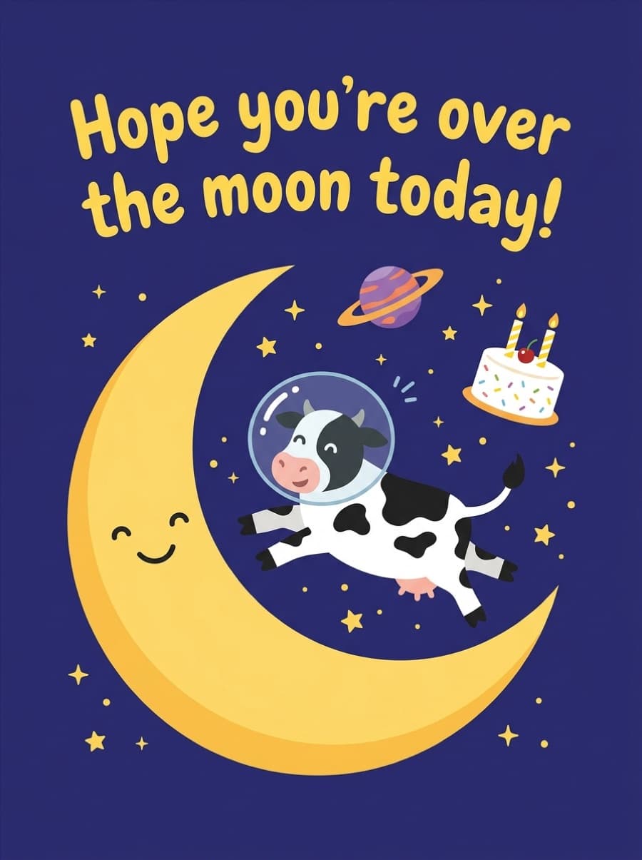 Over The Moon Space Cow Birthday Card: Hope you're over the moon today!