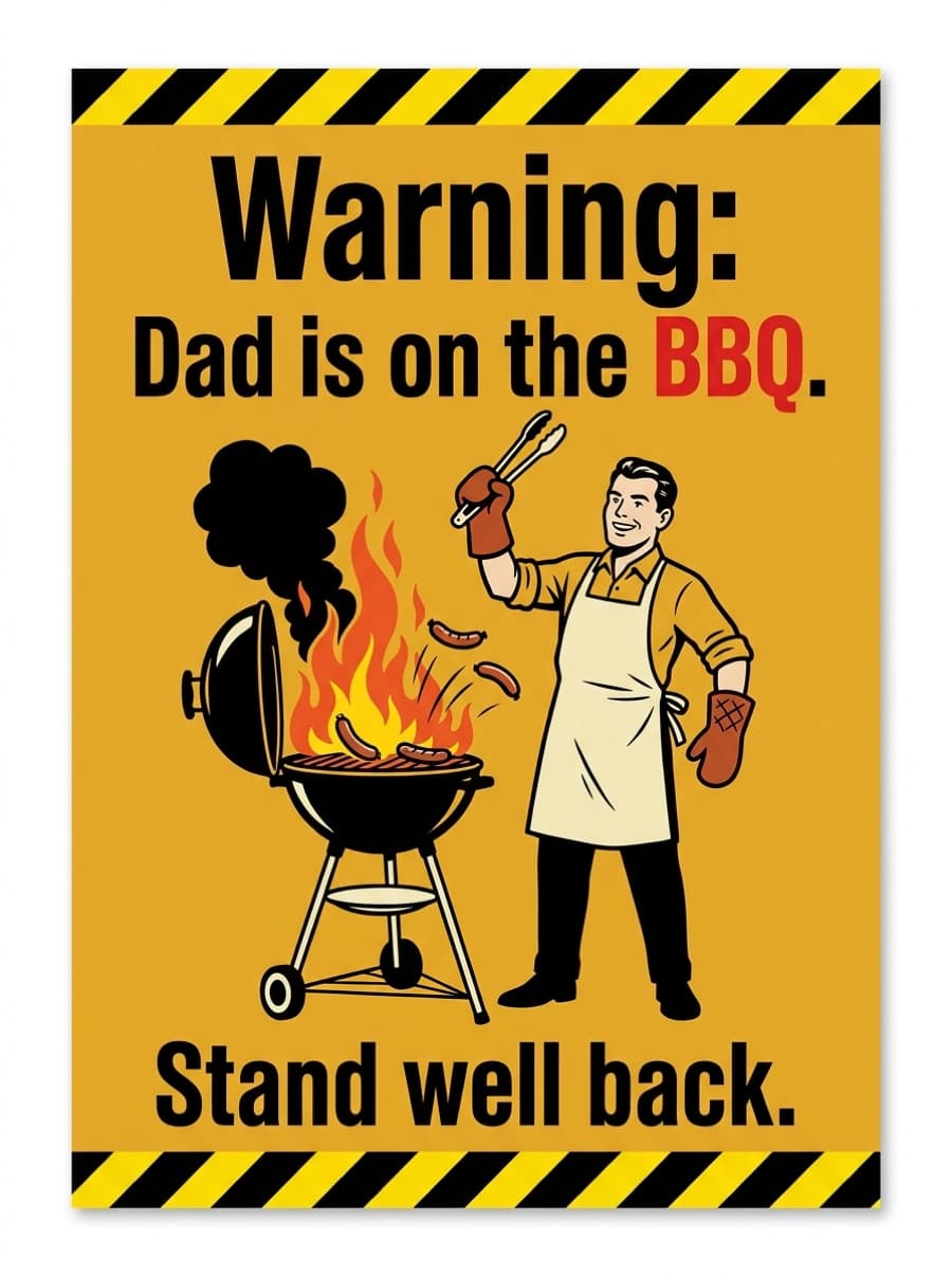 Stand Well Back Dad On The BBQ Birthday Card: Warning: Dad is on the BBQ. Stand well back.