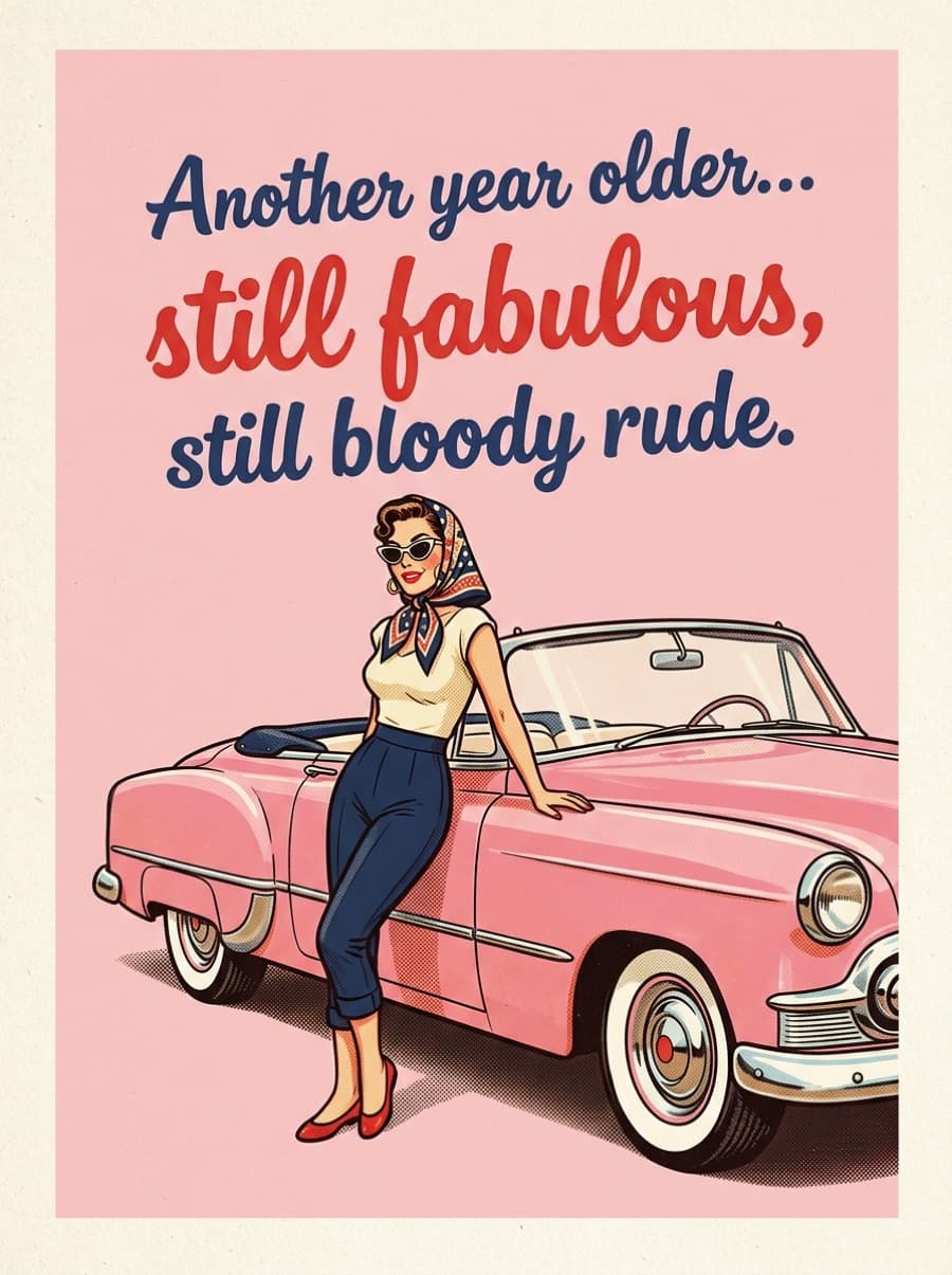 Another Year Older Still Fabulous Still Rude Retro Birthday Card: Another year older… still fabulous, still bloody rude.